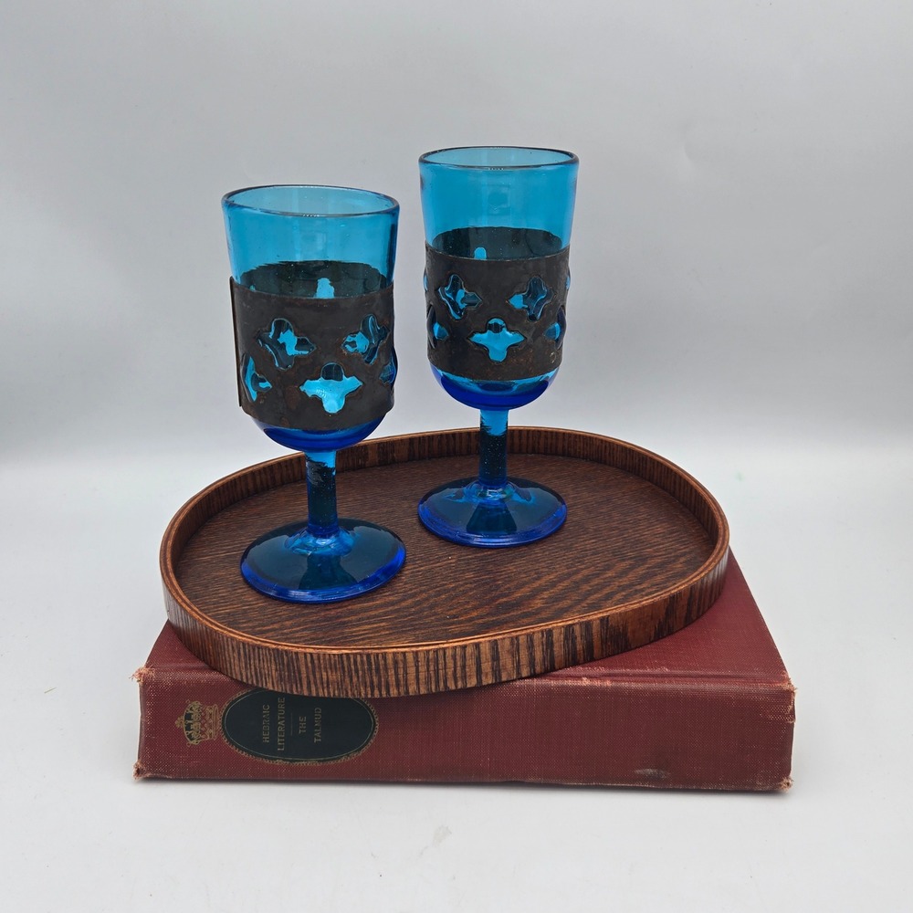 Felipe Derflingher Peacock Blue Cased Glass‎ Cocktail Glasses Set of 2 Brutalist